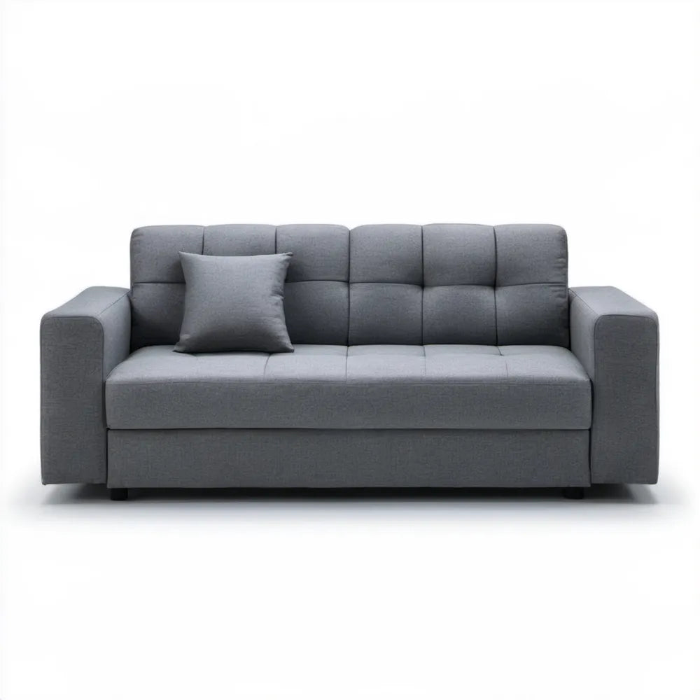 Szara trzyosobowa sofa tapicerowana poliestrem z czarnymi nóżkami, 220 x 90 x 85 cm