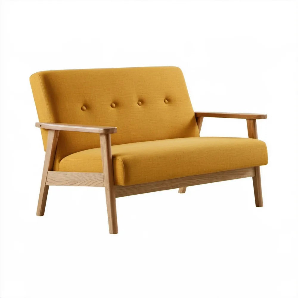 Musztardowa sofa dwuosobowa z litego drewna kauczukowego, 120 x 75 x 80 cm