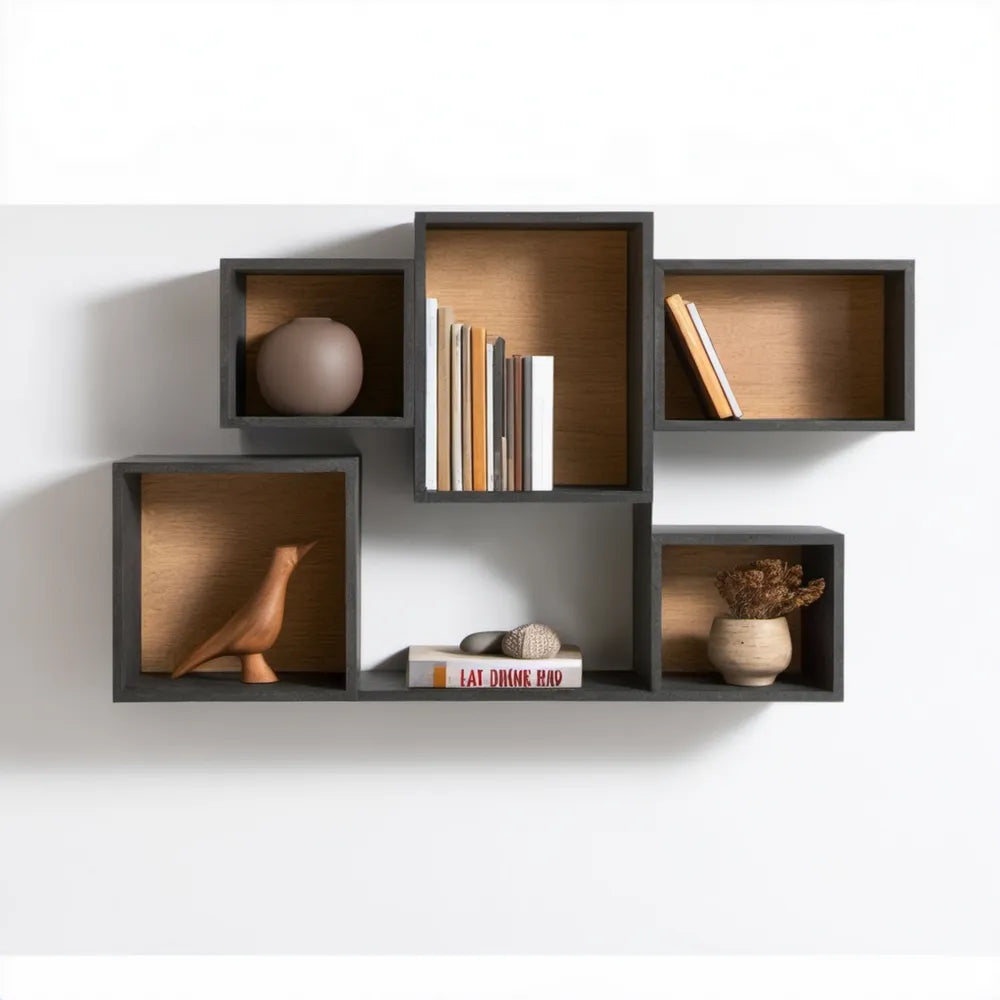 Zestaw 5 prostokątnych półek ściennych MDF czarno-brązowych, 100 × 60 × 20 cm