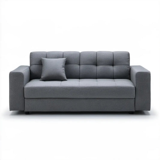 Szara trzyosobowa sofa tapicerowana poliestrem z czarnymi nóżkami, 220 x 90 x 85 cm