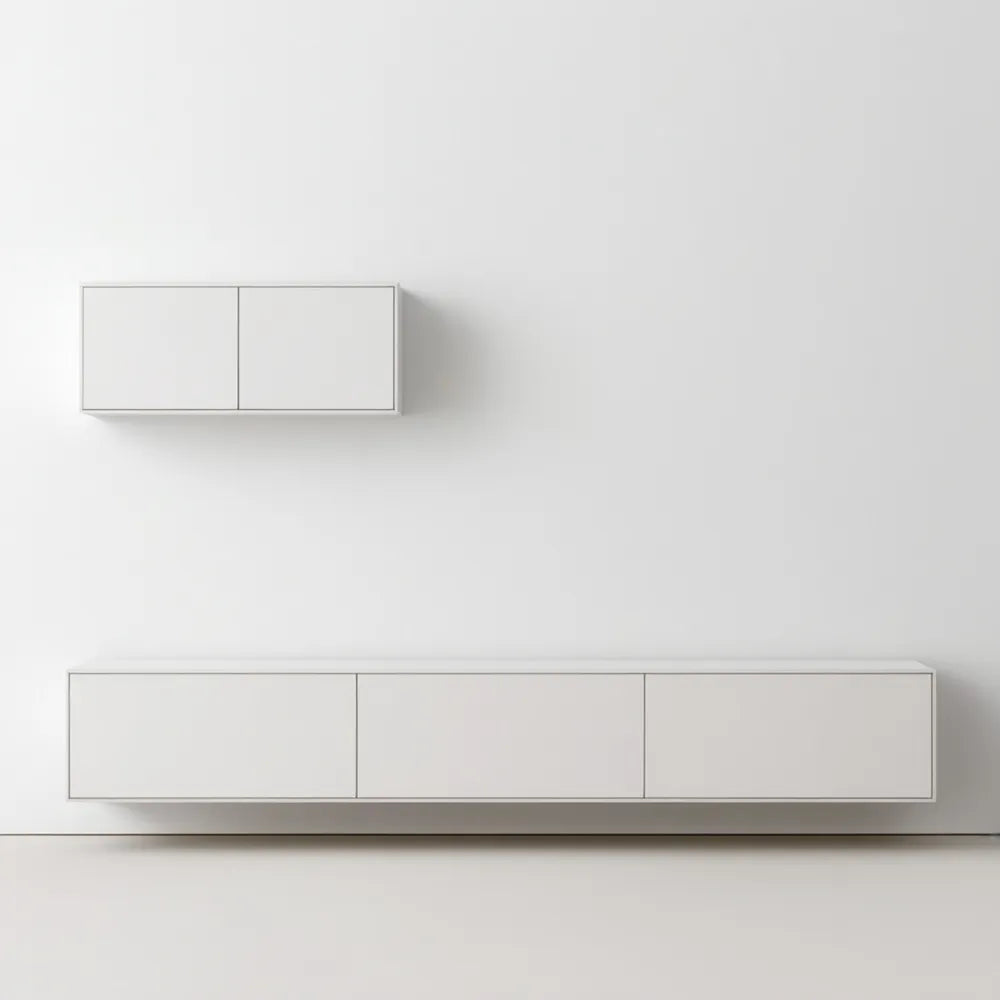 Zestaw wiszących szafek RTV z płyty MDF, biały, 180 x 30 x 30 cm i 80 x 30 x 40 cm