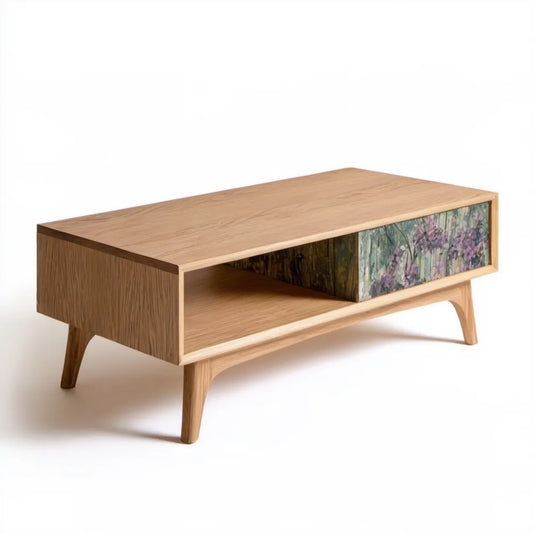 Stolik kawowy retro 120 x 60 x 45 cm z 2 szufladami i otwartą półką, jasny dąb