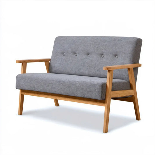 Dwuosobowa sofa z poliestrową tapicerką i litego drewna kauczukowego, szaro-naturalna, 120 x 75 x 80 cm