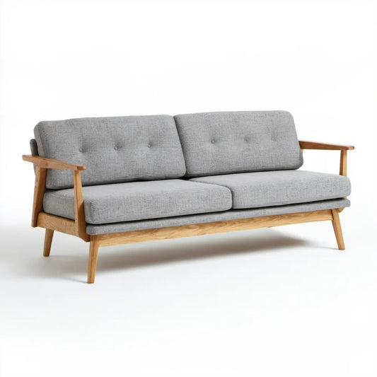 Trzyosobowa sofa skandynawska z szarą tapicerką i drewnianą ramą, 190 × 80 × 82 cm