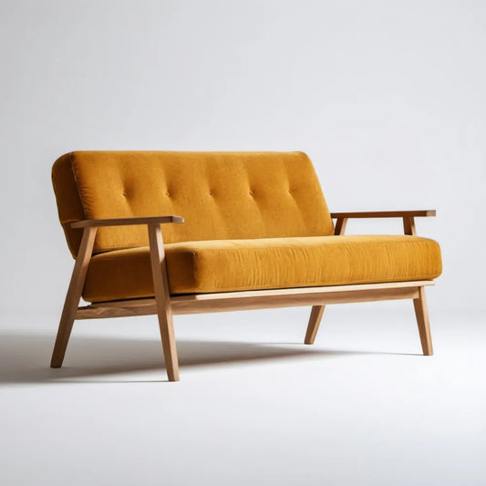 Dwuosobowa sofa w stylu retro, musztardowa, z ramą z jasnobrązowego litego drewna, 130 x 75 x 80 cm