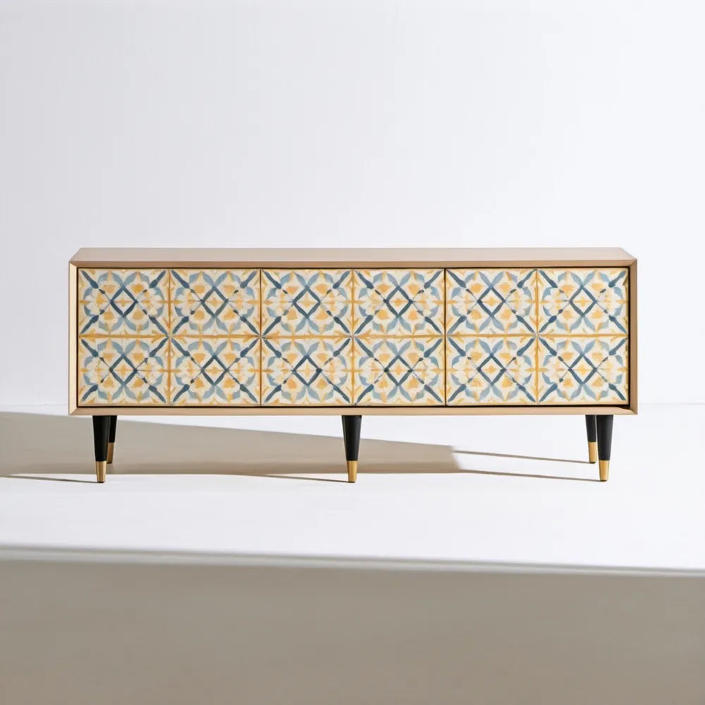 Beżowa szafka RTV MDF z dekoracyjnym frontem, 160 x 40 x 75 cm