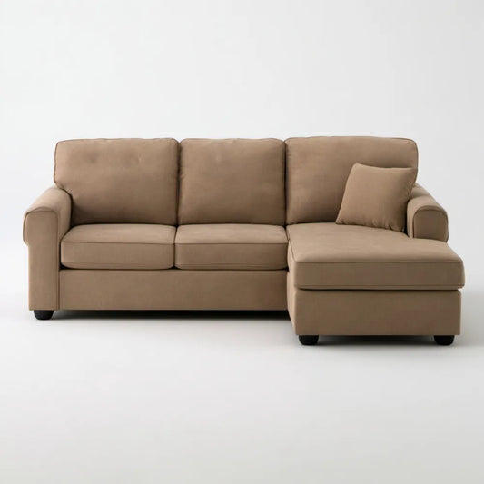 Trzyosobowa sofa narożna w kształcie L z prawostronnym szezlongiem, beżowa, 230 x 150 x 85 cm