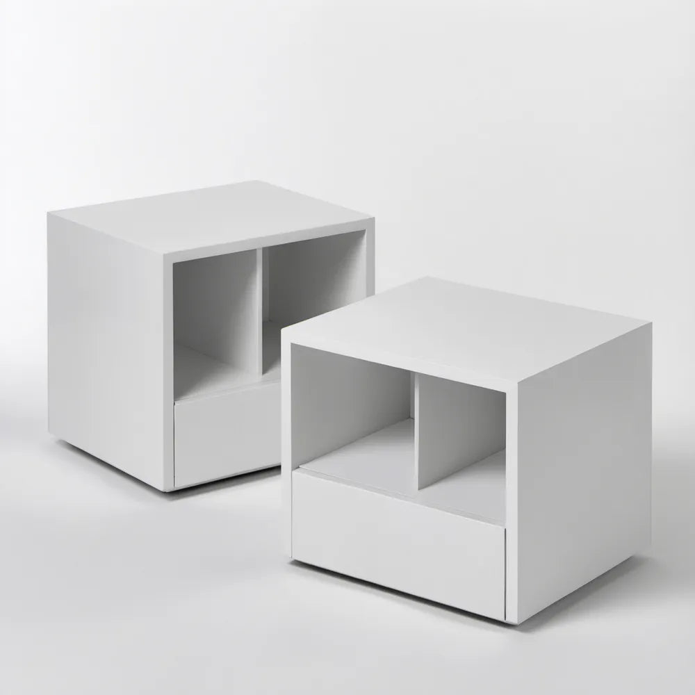 Zestaw 2 białych stolików nocnych MDF 40 x 40 x 45 cm z szufladą i 2 otwartymi komorami