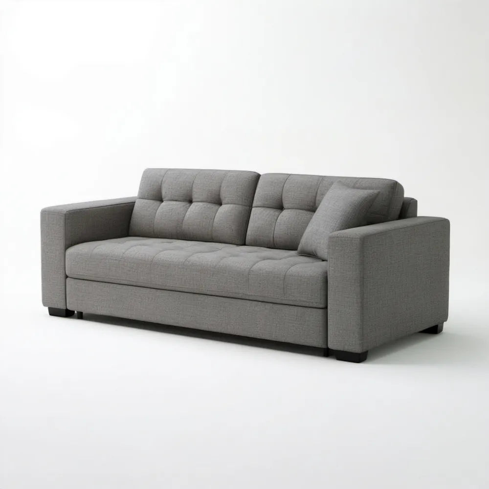 Szara tapicerowana sofa trzyosobowa z czarnymi nóżkami, 210 x 90 x 85 cm