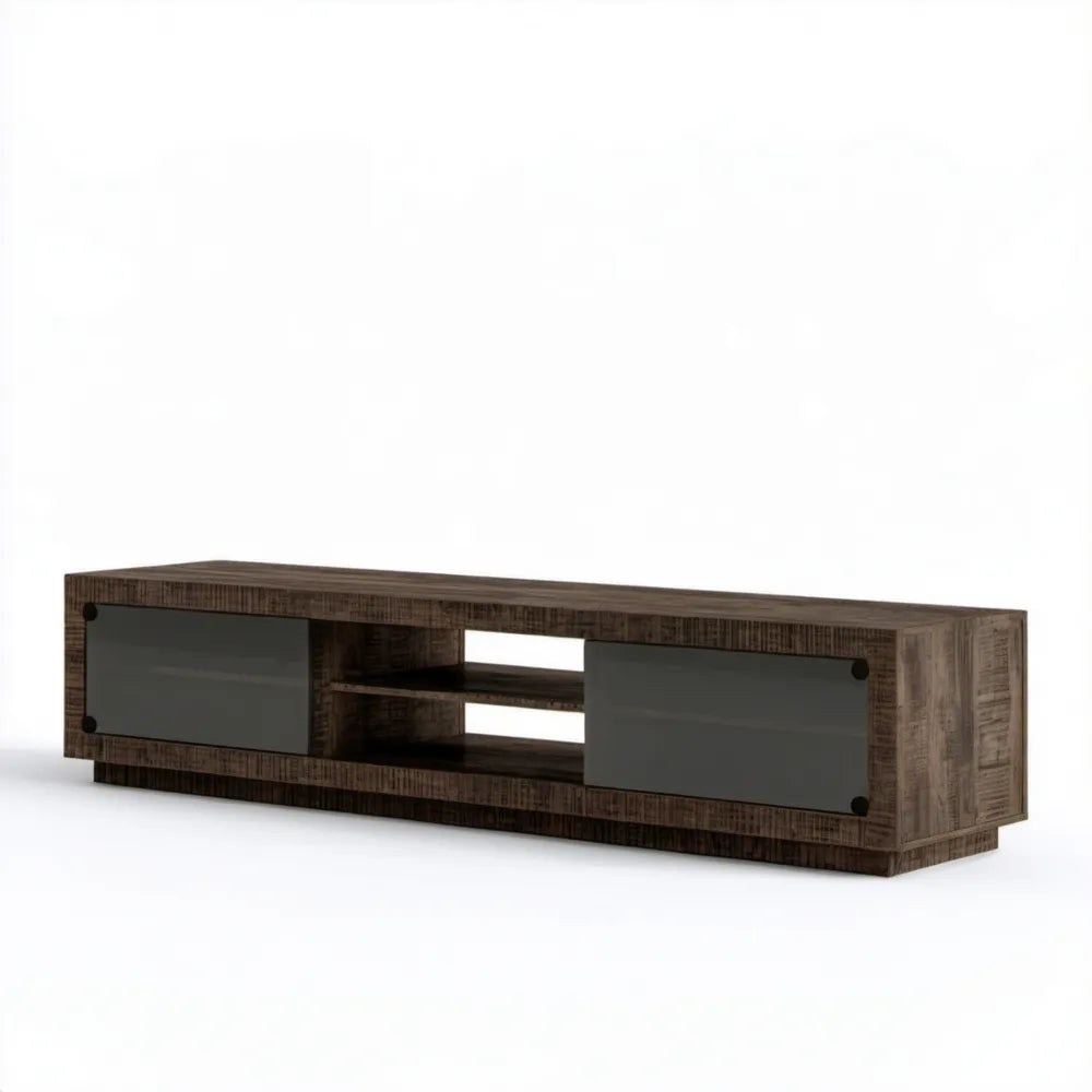 Szafka RTV 180 x 40 x 45 cm z 2 szklanymi drzwiami, ciemnobrązowa/szara/czarna
