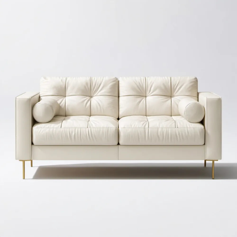 Dwuosobowa sofa z tapicerką ze skóry syntetycznej PU, kremowa ze złotymi nogami, 180 x 85 x 85 cm