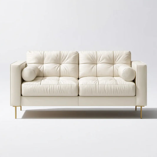 Dwuosobowa sofa z tapicerką ze skóry syntetycznej PU, kremowa ze złotymi nogami, 180 x 85 x 85 cm