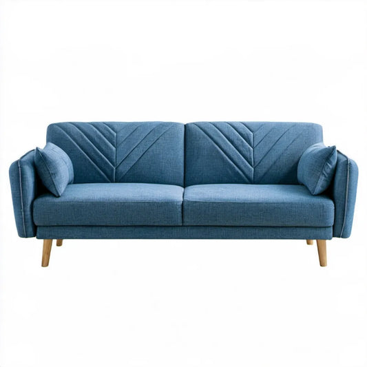 3-osobowa sofa tapicerowana z tkaniny poliestrowej, niebieska z naturalnymi brązowymi nogami, 200 x 85 x 88 cm