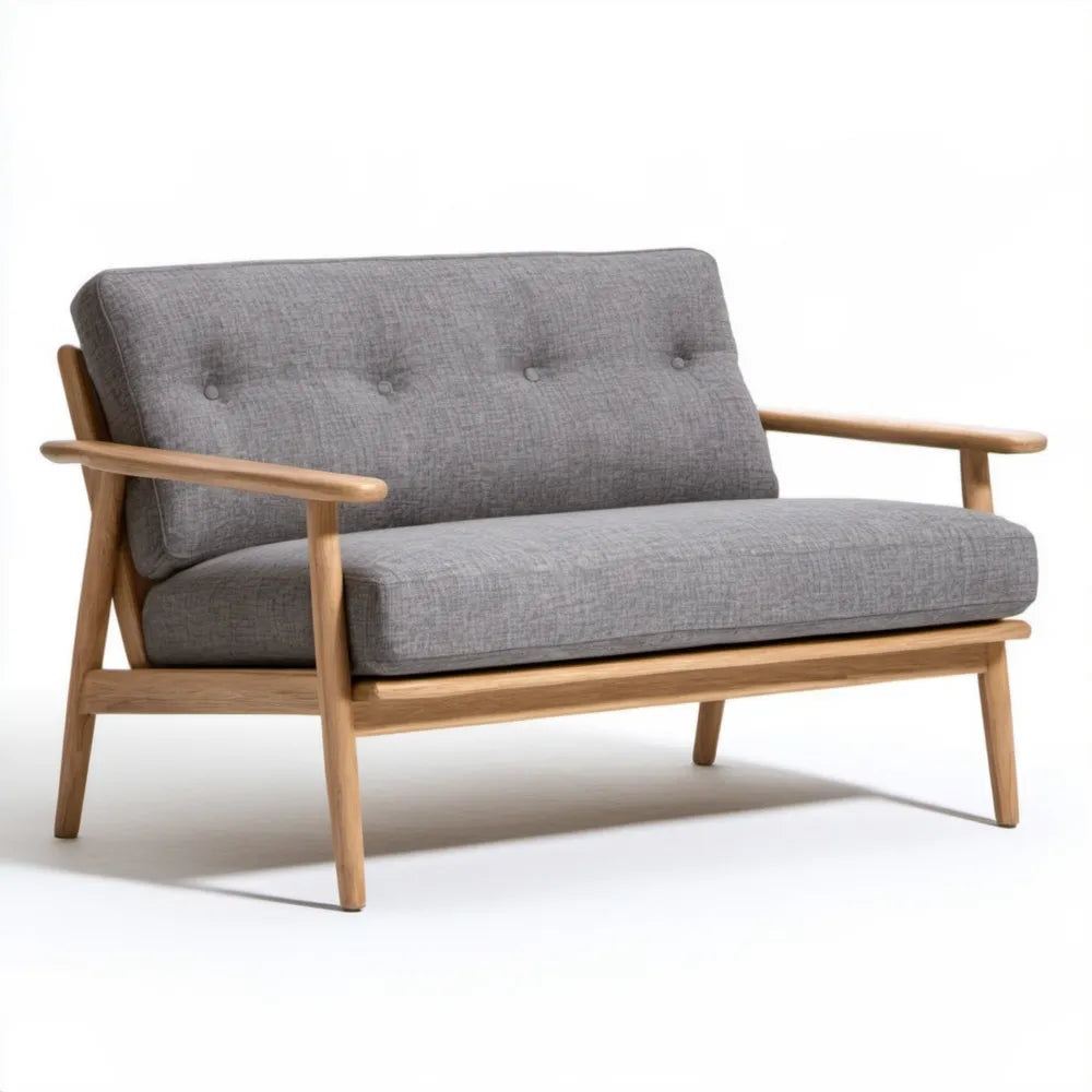 Dwuosobowa sofa skandynawska z drewna kauczukowego, szara/naturalny brąz, 120 x 76 x 80 cm