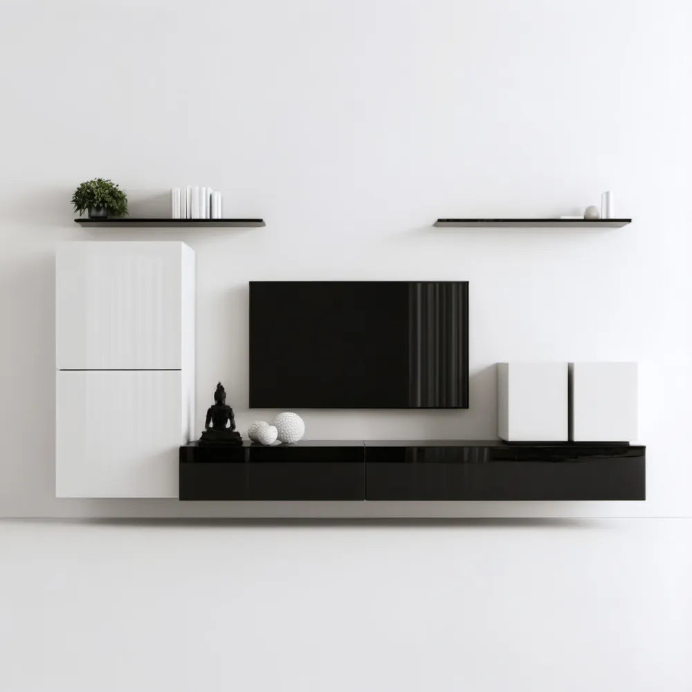 Wiszący zestaw mebli do salonu czarno-biały, 300 × 35 × 200 cm