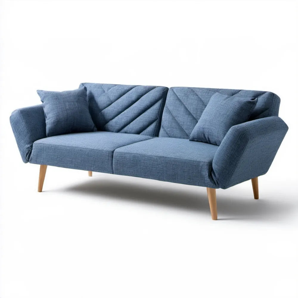 Niebieska sofa dwuosobowa z poduszkami i drewnianymi nogami, 180 x 86 x 84 cm