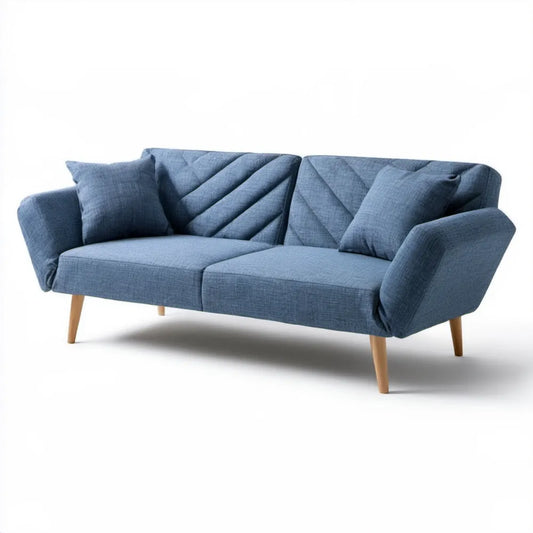 Niebieska sofa dwuosobowa z poduszkami i drewnianymi nogami, 180 x 86 x 84 cm