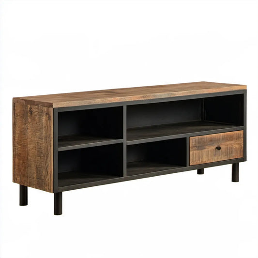 Szafka RTV z litego drewna mango i stali, brązowo-czarna, 110 × 30 × 40 cm