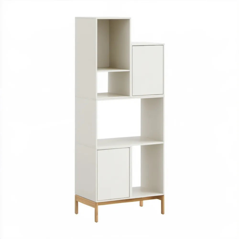Biała biblioteczka z 2 szafkami i naturalnymi drewnianymi nogami, 80 x 35 x 180 cm