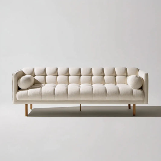 Trzyosobowa sofa tapicerowana poliestrem, kremowa z jasnobrązowymi nogami, 240 × 90 × 78 cm