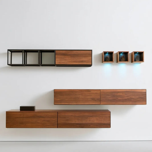 Zestaw 6 wiszących modułów RTV z MDF, orzechowy/czarny, z niebieskim oświetleniem LED, 300 x 35 x 190 cm