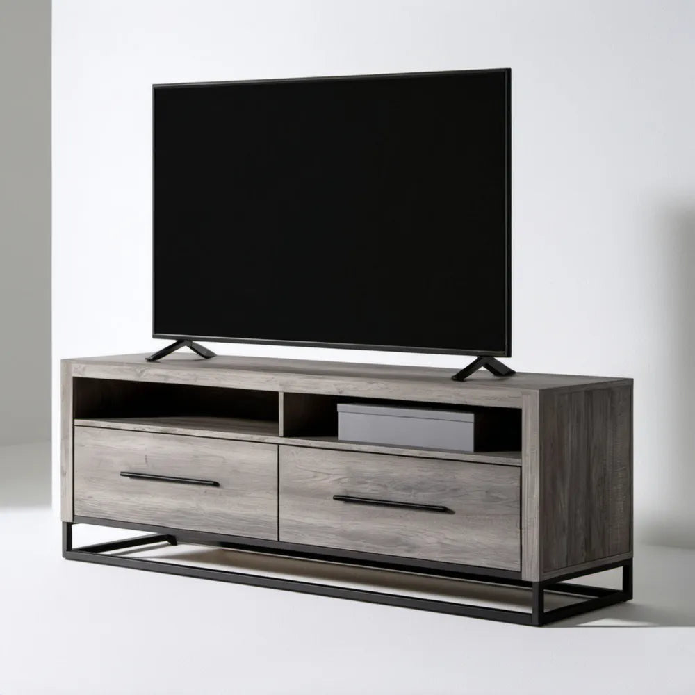 Szara szafka RTV w dekorze drewna z czarną stalową ramą, 140 x 40 x 55 cm, 2 szuflady